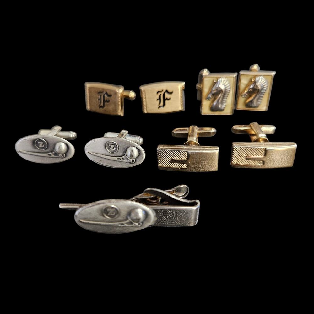 Vintage Cufflinks Tie Bar Lot Krementz Anson Golf Horse Initial Sets